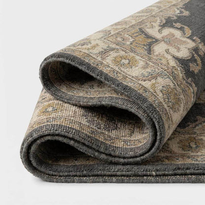 Hand Knotted Oushak Rug charcoal grey wool medallion vintage Turkish style carpet