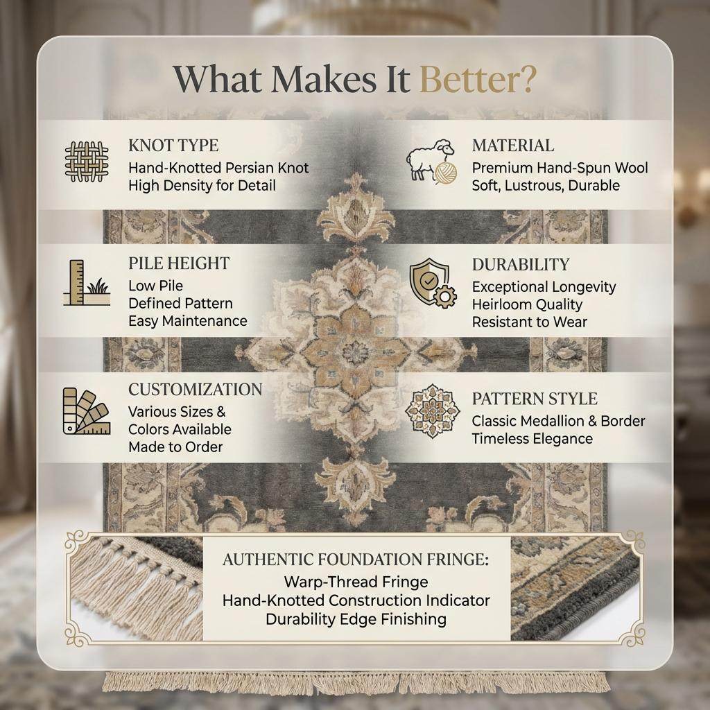 Hand Knotted Oushak Rug, Charcoal Grey Wool Area Rug, Muted Turkish Style Carpet, Vintage Inspired Medallion Rug for Living Room Bedroom __etsy:7645808558