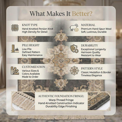 Hand Knotted Oushak Rug, Charcoal Grey Wool Area Rug, Muted Turkish Style Carpet, Vintage Inspired Medallion Rug for Living Room Bedroom __etsy:7645808558