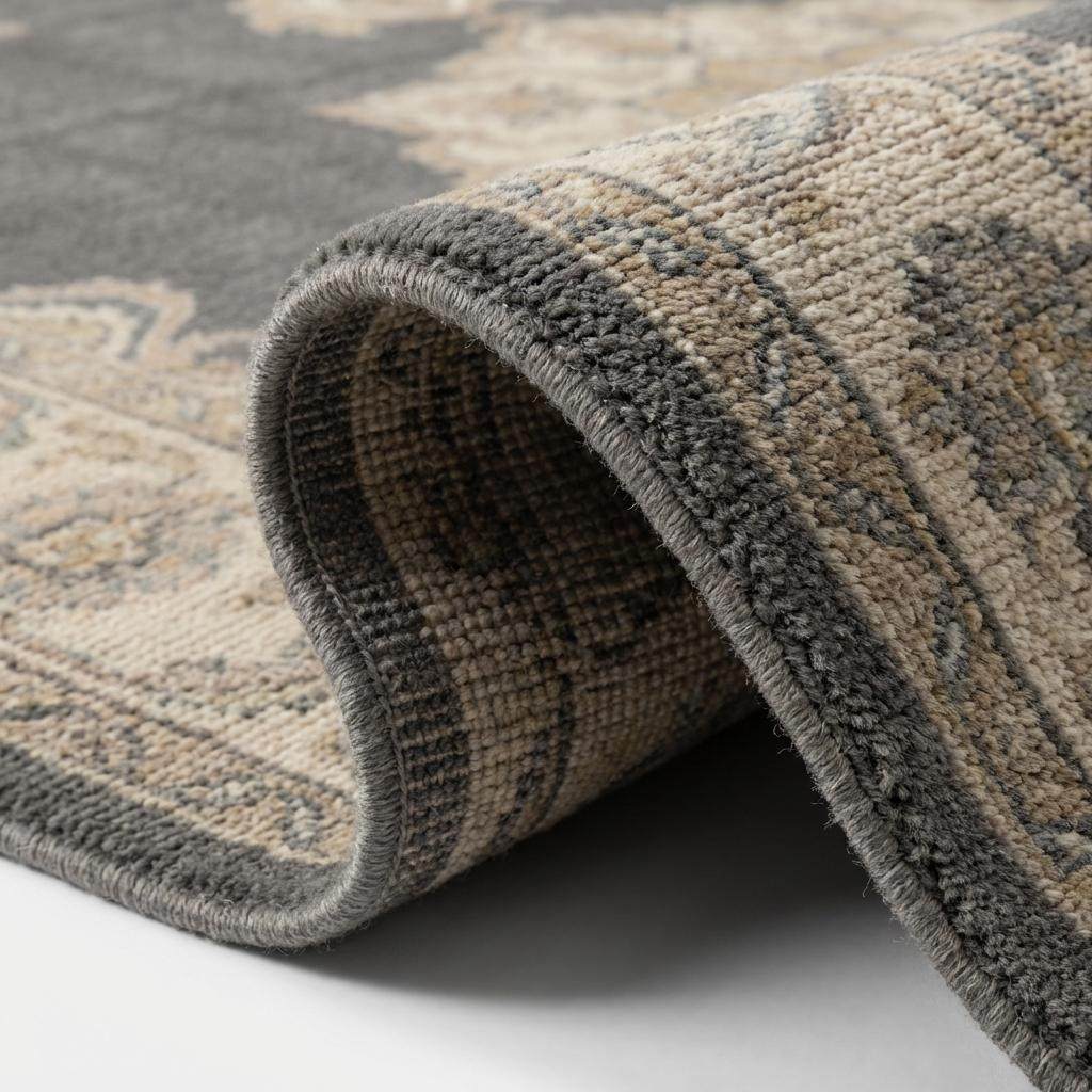 Close up detail of hand knotted wool pile showing dense weave structure and soft grey texture. __etsy:7645808554