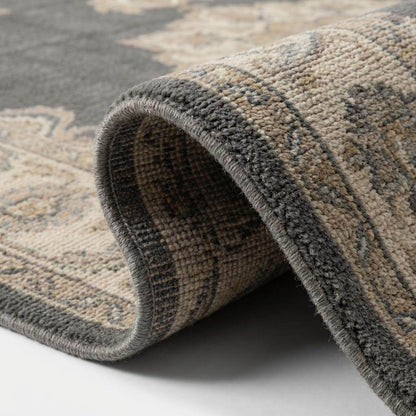 Close up detail of hand knotted wool pile showing dense weave structure and soft grey texture. __etsy:7645808554