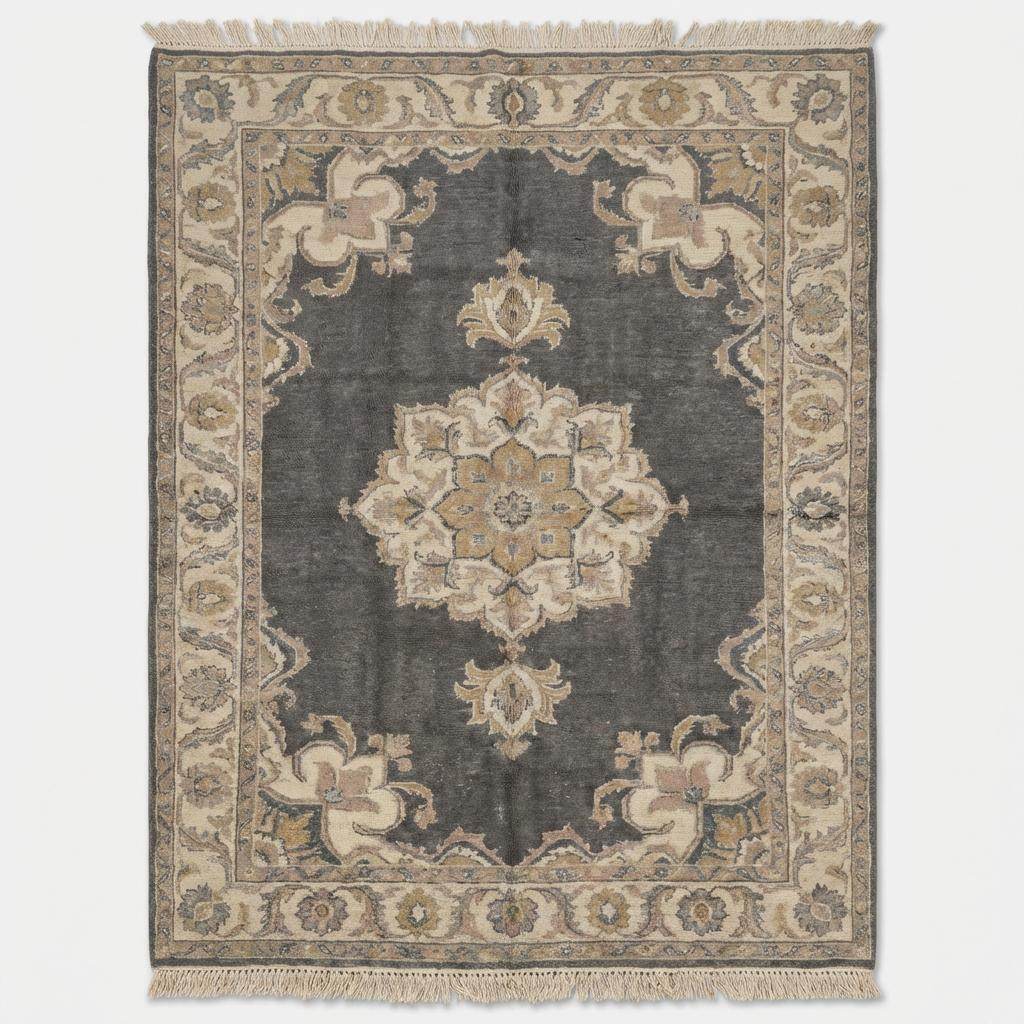 Side angle of traditional grey turkish rug showing fringe detail and muted color palette. __etsy:7693759793