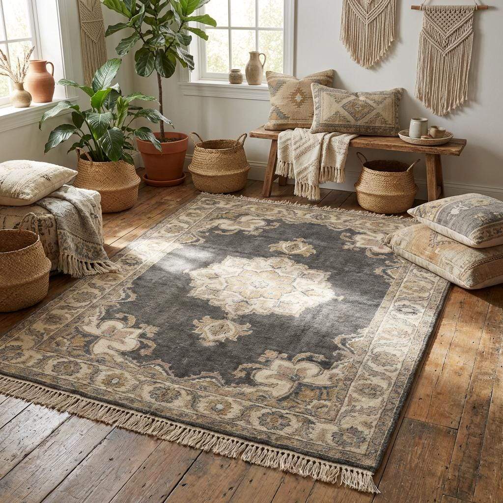 Hand Knotted Oushak Rug in charcoal grey wool with muted medallion design, vintage Turkish style carpet for living room and bedroom