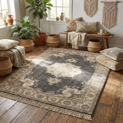 Hand Knotted Oushak Rug in charcoal grey wool with muted medallion design, vintage Turkish style carpet for living room and bedroom