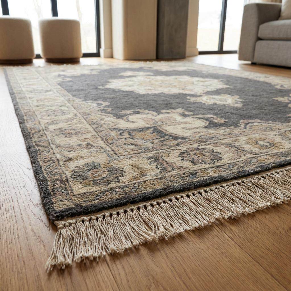 Detail of central floral medallion design in beige and taupe on dark charcoal rug background. __etsy:7693759803