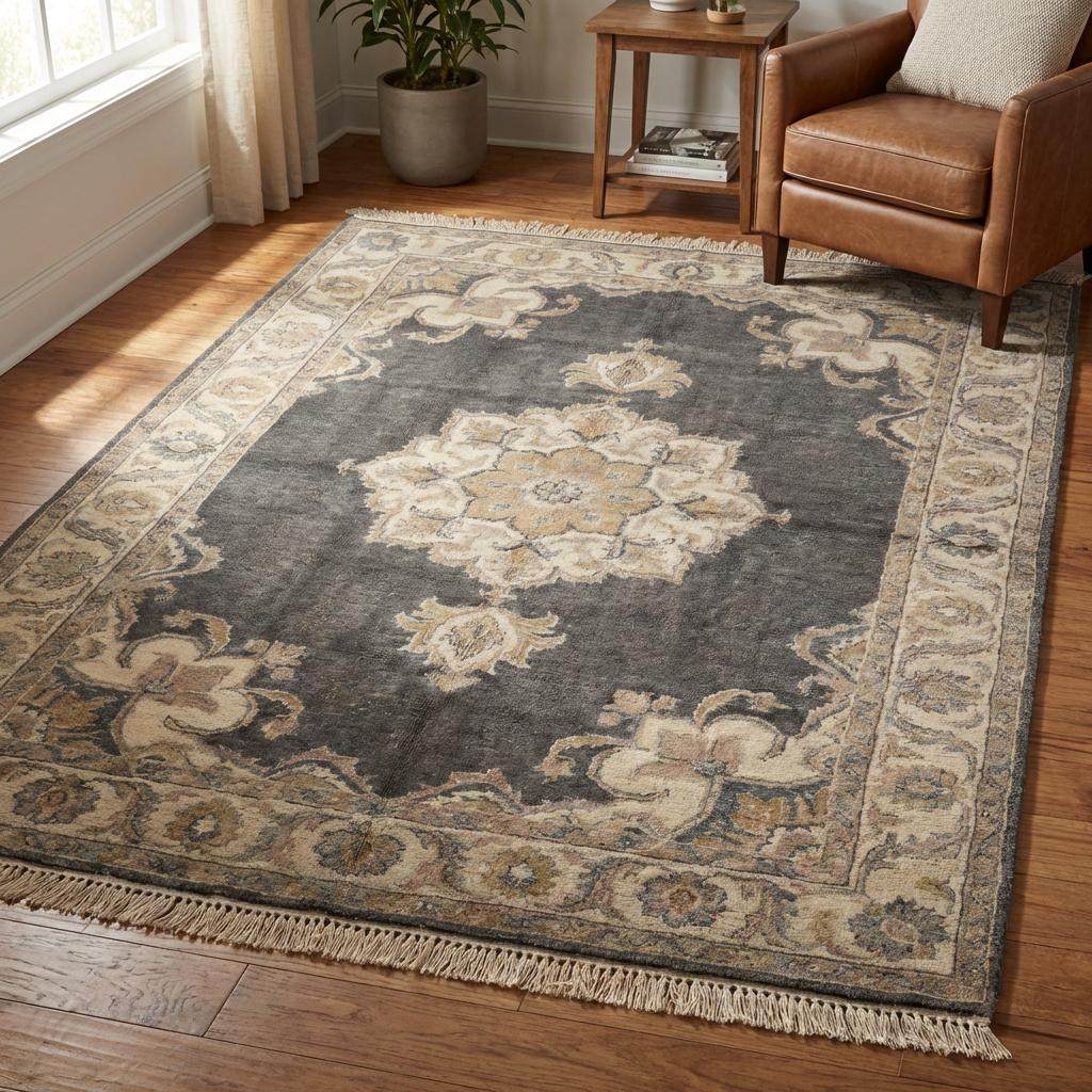 Large hand knotted wool carpet placed in front of window showing floor coverage and decor style. __etsy:7693759819