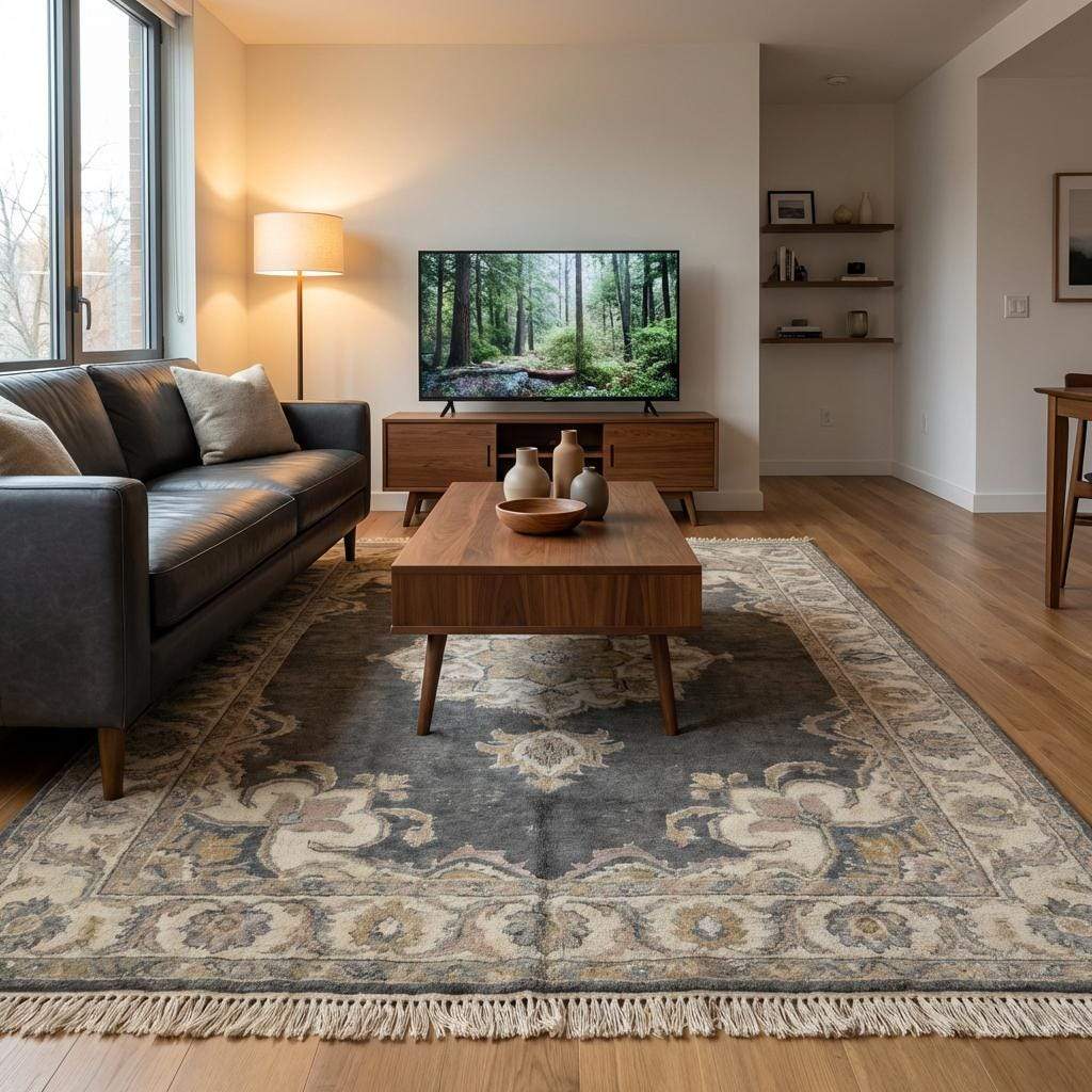 Hand knotted charcoal grey Oushak rug with muted Turkish medallion design in wool for living room or bedroom