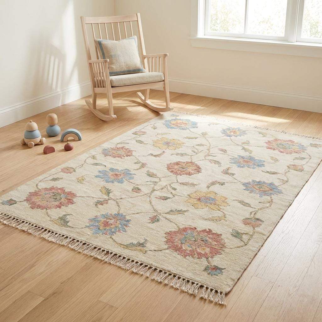 Soft ivory floral Oushak carpet handcrafted with wool for elegant transitional interiors __etsy:7950283544