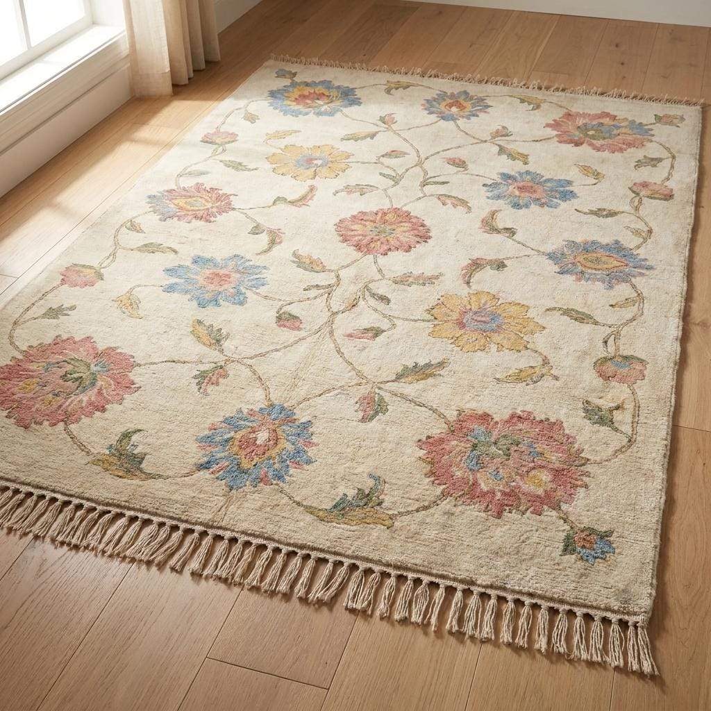 Hand Knotted Oushak Rug Floral Ivory Area 3x5, 4x6, 6x9, 8x10, 9x12, 10x12 Carpet, Pastel Wool Living Room Rug, Handmade Bedroom Decor __etsy:7950283572