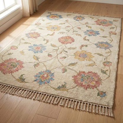Hand Knotted Oushak Rug Floral Ivory Area 3x5, 4x6, 6x9, 8x10, 9x12, 10x12 Carpet, Pastel Wool Living Room Rug, Handmade Bedroom Decor __etsy:7950283572