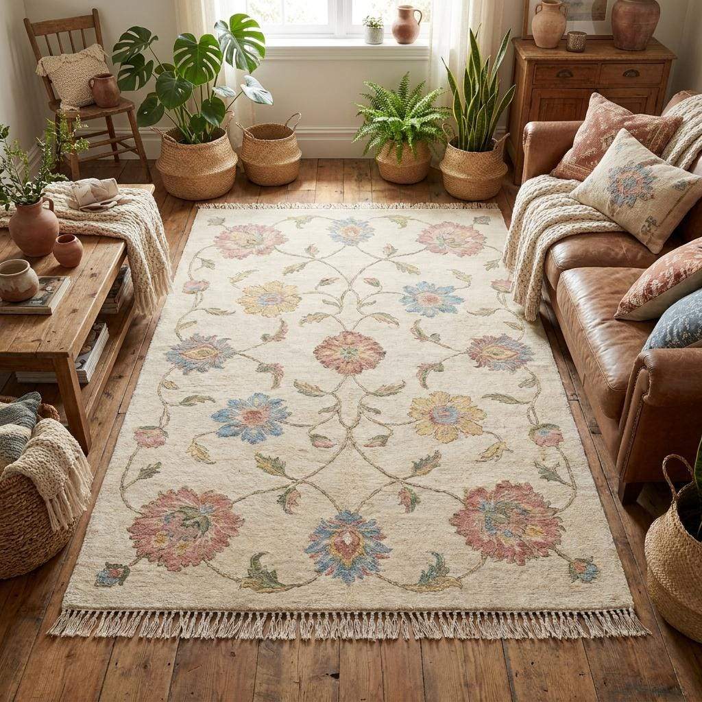 Luxury hand knotted pastel rug styled for bedroom living room or nursery decor __etsy:7950283534