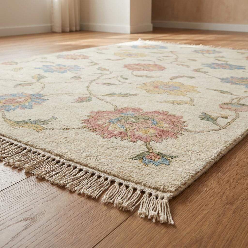 Traditional handmade wool carpet with pink blue sage floral motifs on neutral ivory base __etsy:7998240261