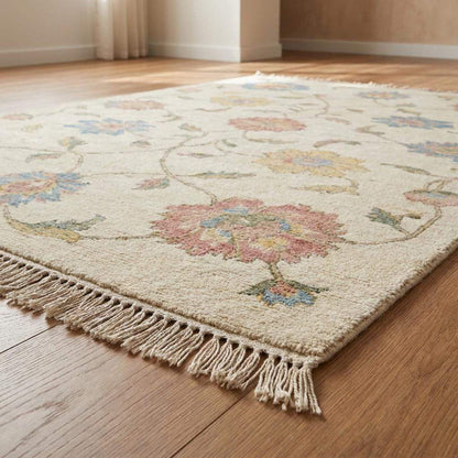 Traditional handmade wool carpet with pink blue sage floral motifs on neutral ivory base __etsy:7998240261