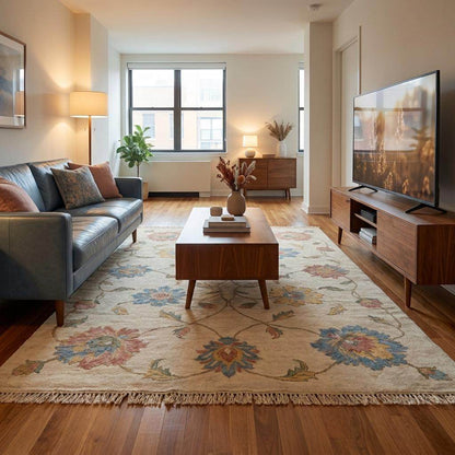 Hand Knotted Oushak Rug Floral Ivory Area 3x5, 4x6, 6x9, 8x10, 9x12, 10x12 Carpet, Pastel Wool Living Room Rug, Handmade Bedroom Decor __etsy:7950283532