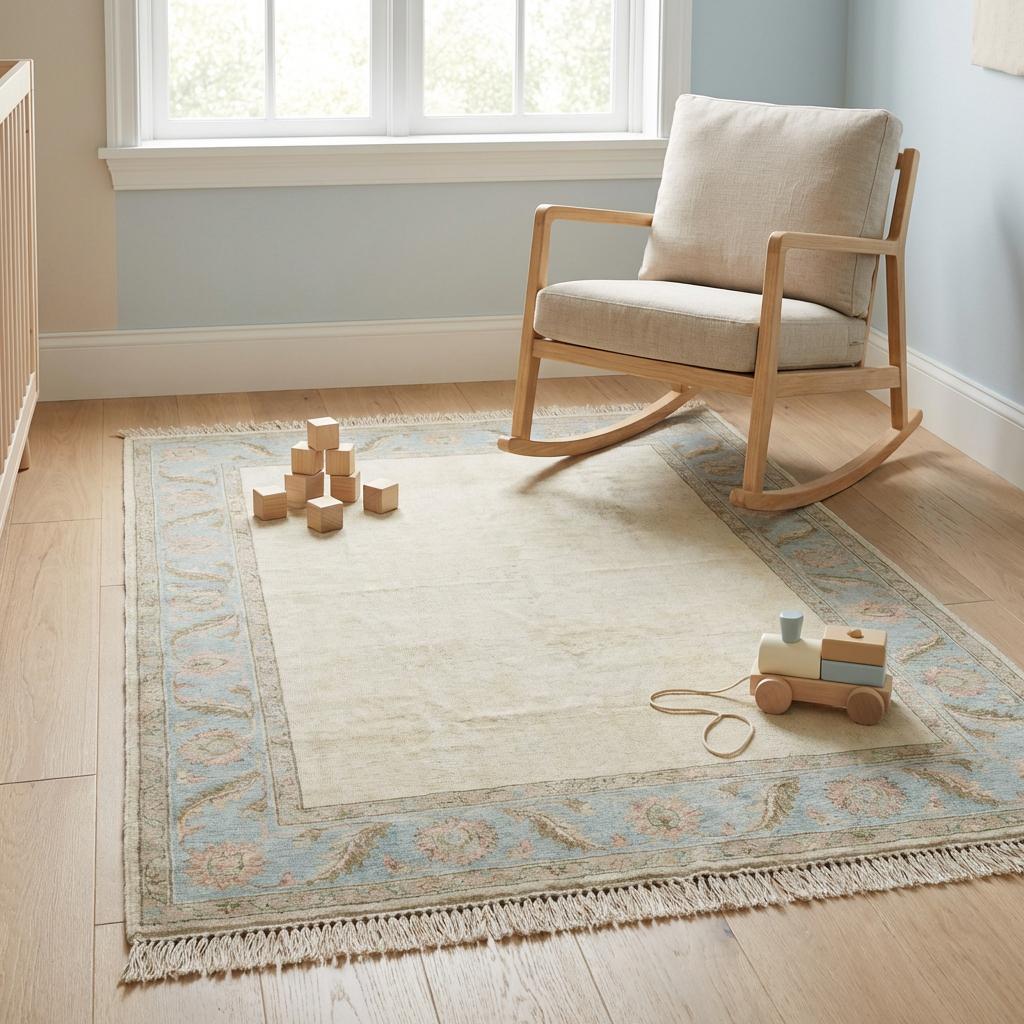 Rectangular handmade wool Persian style rug in calming ivory, sky blue, and dusty rose tones