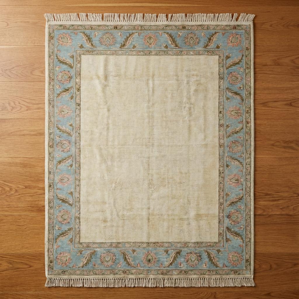Hand Knotted Oushak Rug Ivory Blue Floral Border Area Rug Soft Neutral Living Room Rug Handmade Wool Persian Style Carpet 9x12 , 10x14