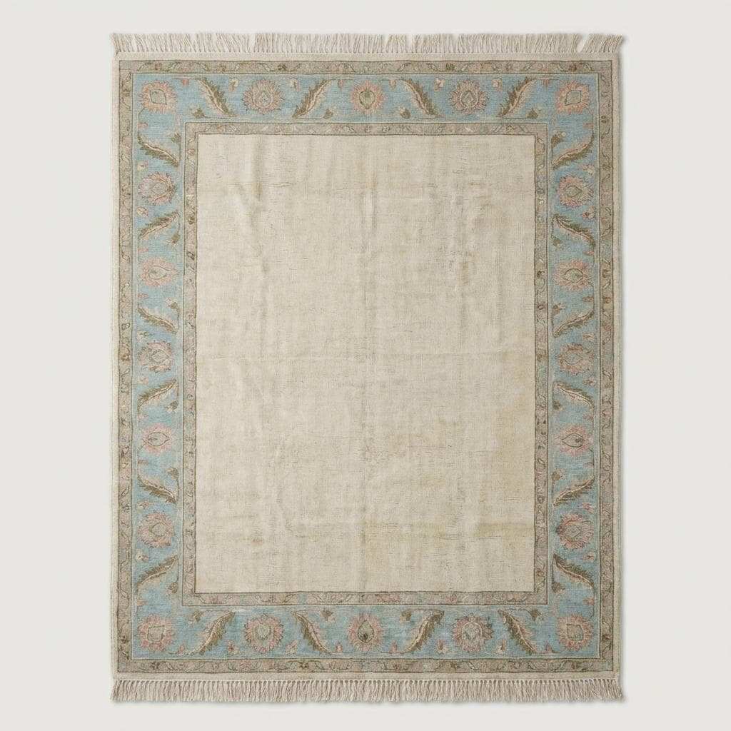 Neutral ivory and blue handmade wool area rug styled under modern accent chair near arched window
