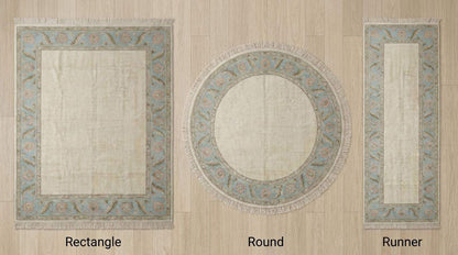 Hand Knotted Oushak Rug Ivory Blue Floral Border Area Rug Soft Neutral Living Room Rug Handmade Wool Persian Style Carpet 9x12 , 10x14