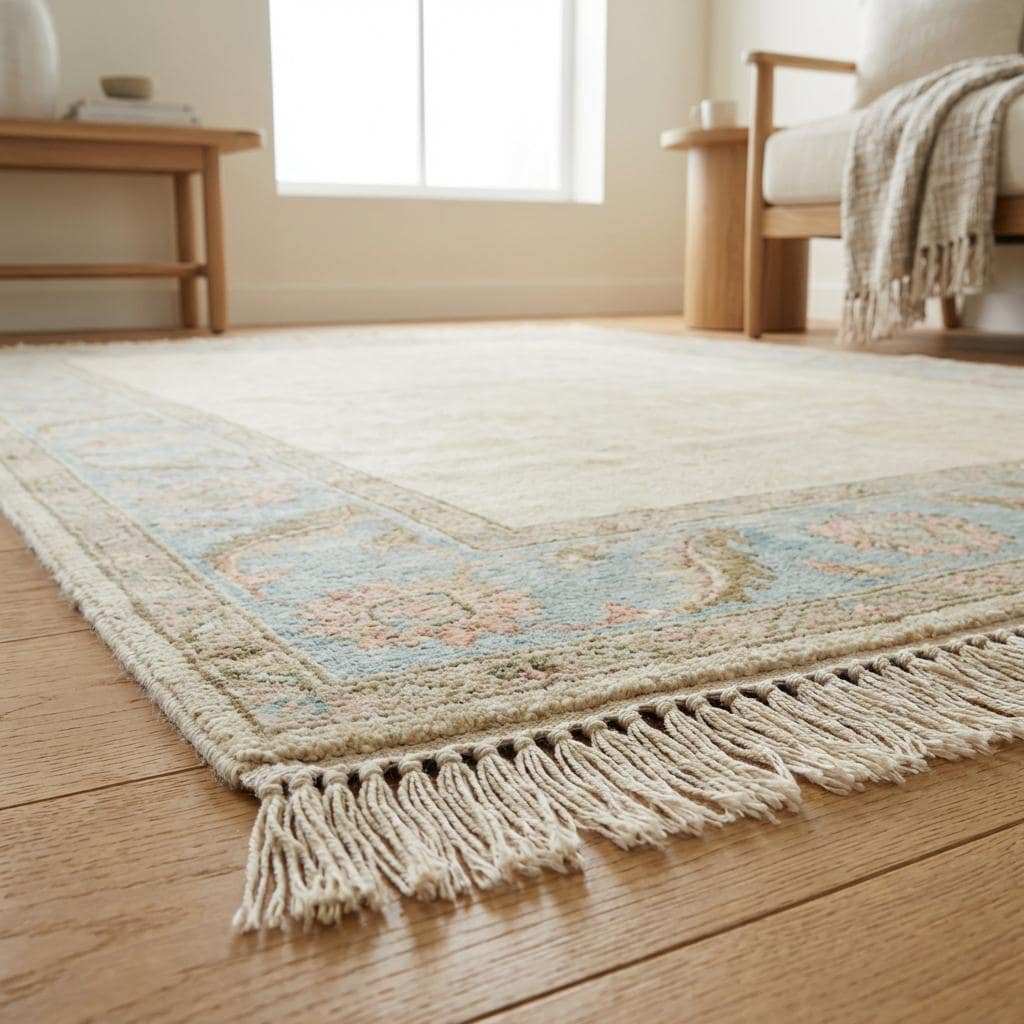 Hand Knotted Oushak Rug Ivory Blue Floral Border Area Rug Soft Neutral Living Room Rug Handmade Wool Persian Style Carpet 9x12 , 10x14