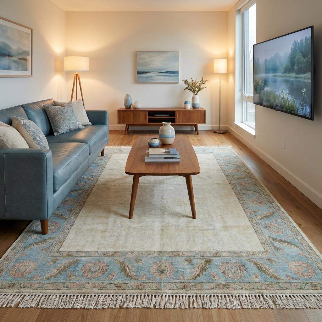 Traditional Oushak inspired floral border rug with soft pastel accents and open cream center field