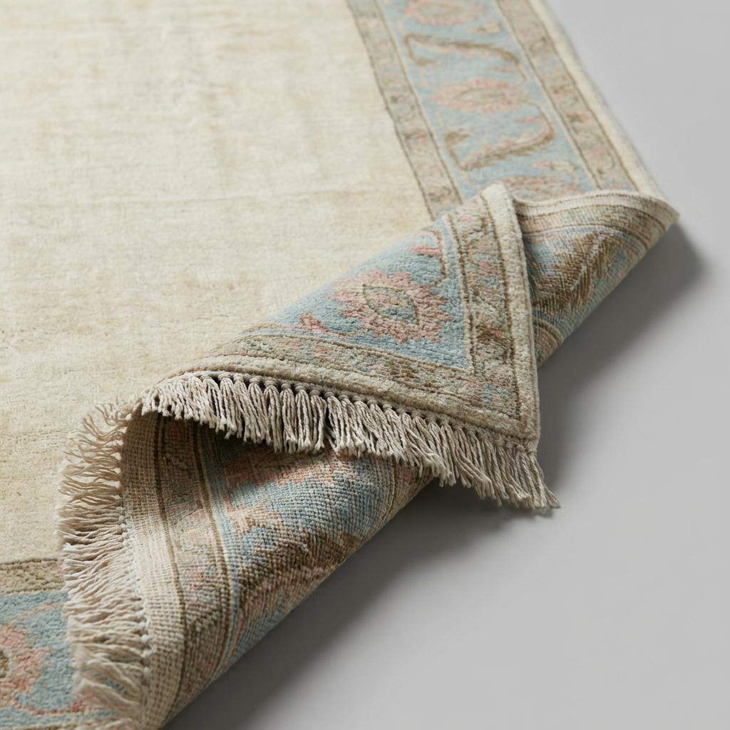 Hand Knotted Oushak Rug Ivory Blue Floral Border Area Rug Soft Neutral Living Room Rug Handmade Wool Persian Style Carpet 9x12 , 10x14
