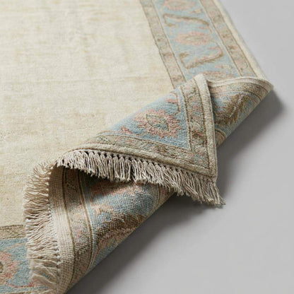 Hand Knotted Oushak Rug Ivory Blue Floral Border Area Rug Soft Neutral Living Room Rug Handmade Wool Persian Style Carpet 9x12 , 10x14