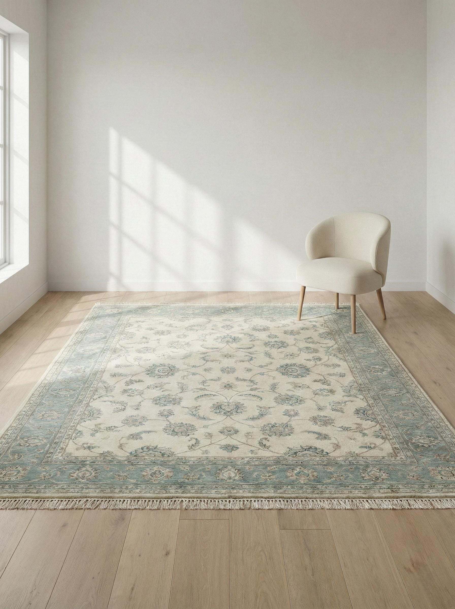Hand knotted Oushak rug in ivory and sage floral wool design