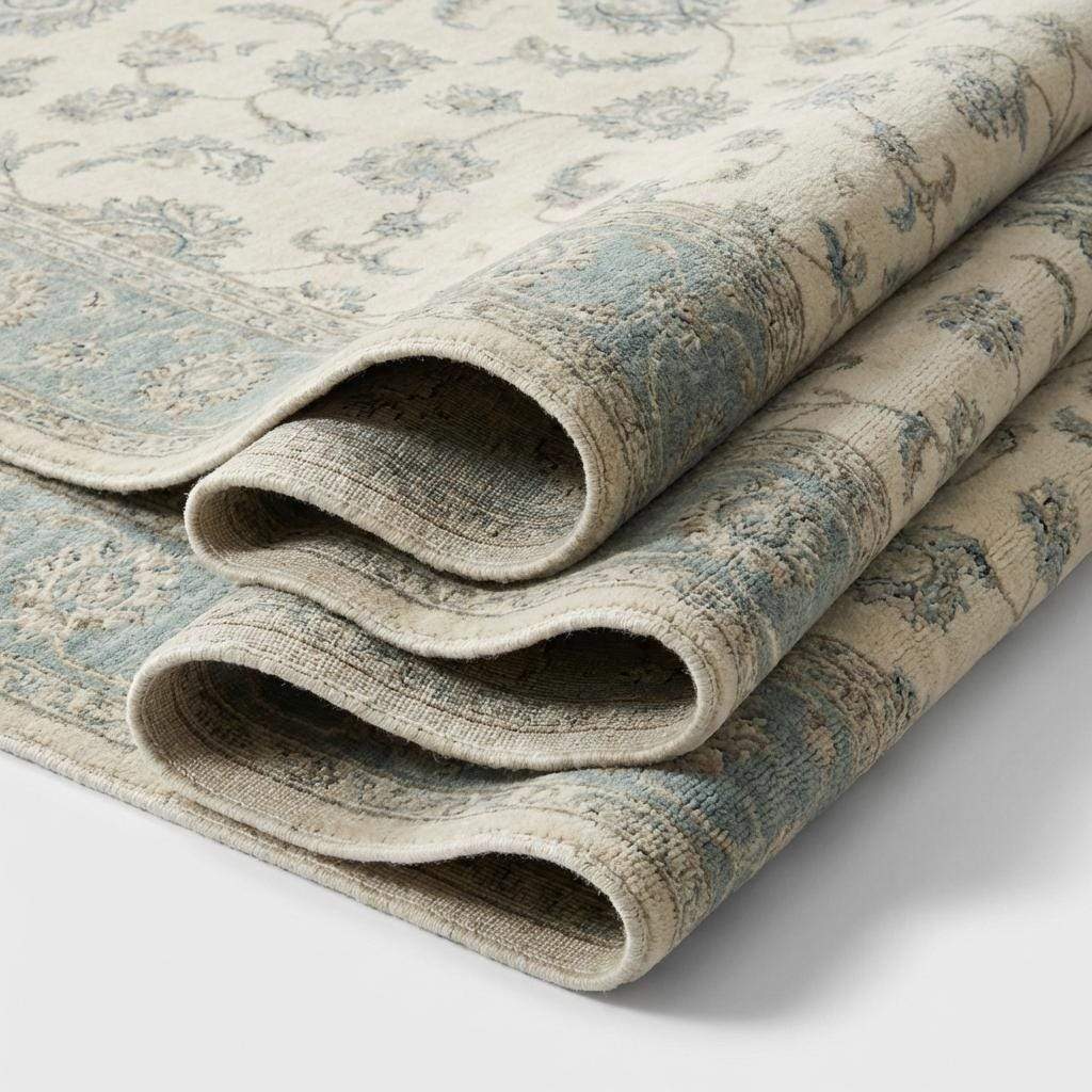 Close-up of hand knotted wool pile showing individual knots, natural fiber texture, and soft matte finish