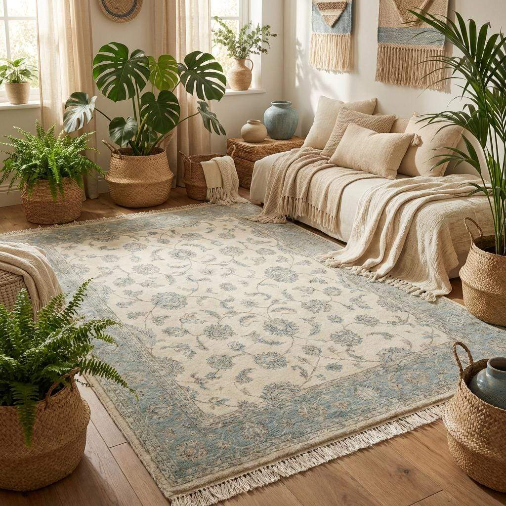 Traditional floral hand knotted rug with sage green border and ivory field design