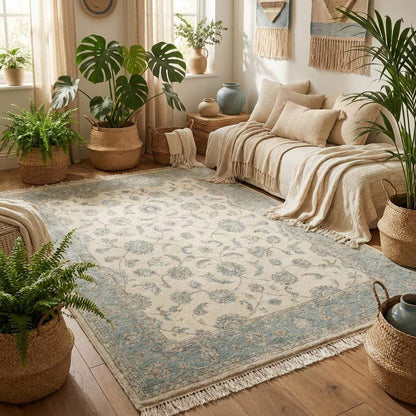 Traditional floral hand knotted rug with sage green border and ivory field design