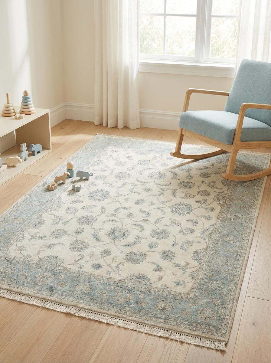 Persian-inspired Oushak rug with low pile wool construction and classic vine motifs