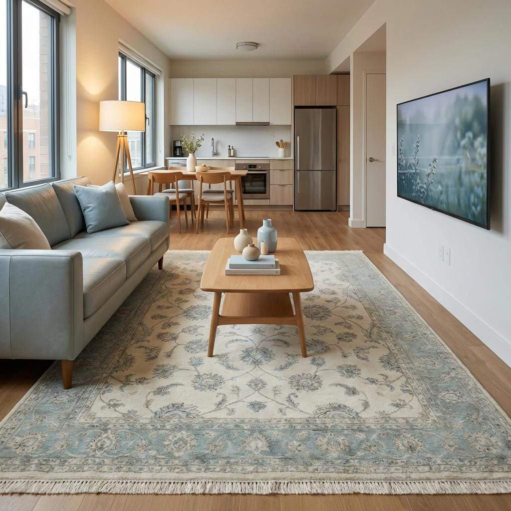 Artisan made wool area rug with cotton foundation and decorative floral border