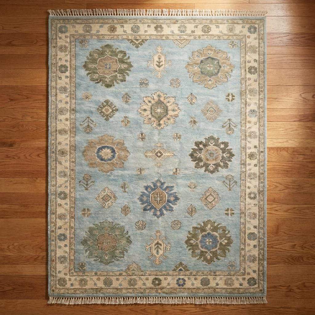 Hand Knotted Oushak Rug, Light Blue Floral Area Carpet, Turkish Style Wool Rug for Living Room Decor __etsy:8085161208