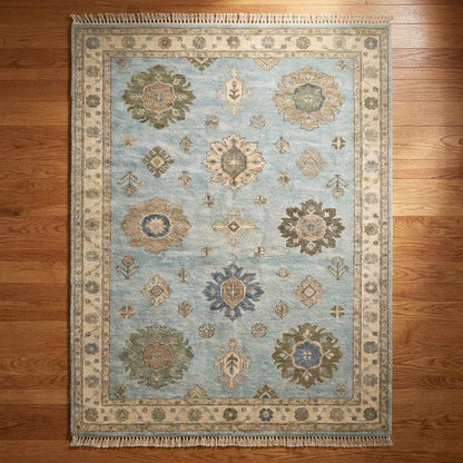 Hand Knotted Oushak Rug, Light Blue Floral Area Carpet, Turkish Style Wool Rug for Living Room Decor __etsy:8085161208