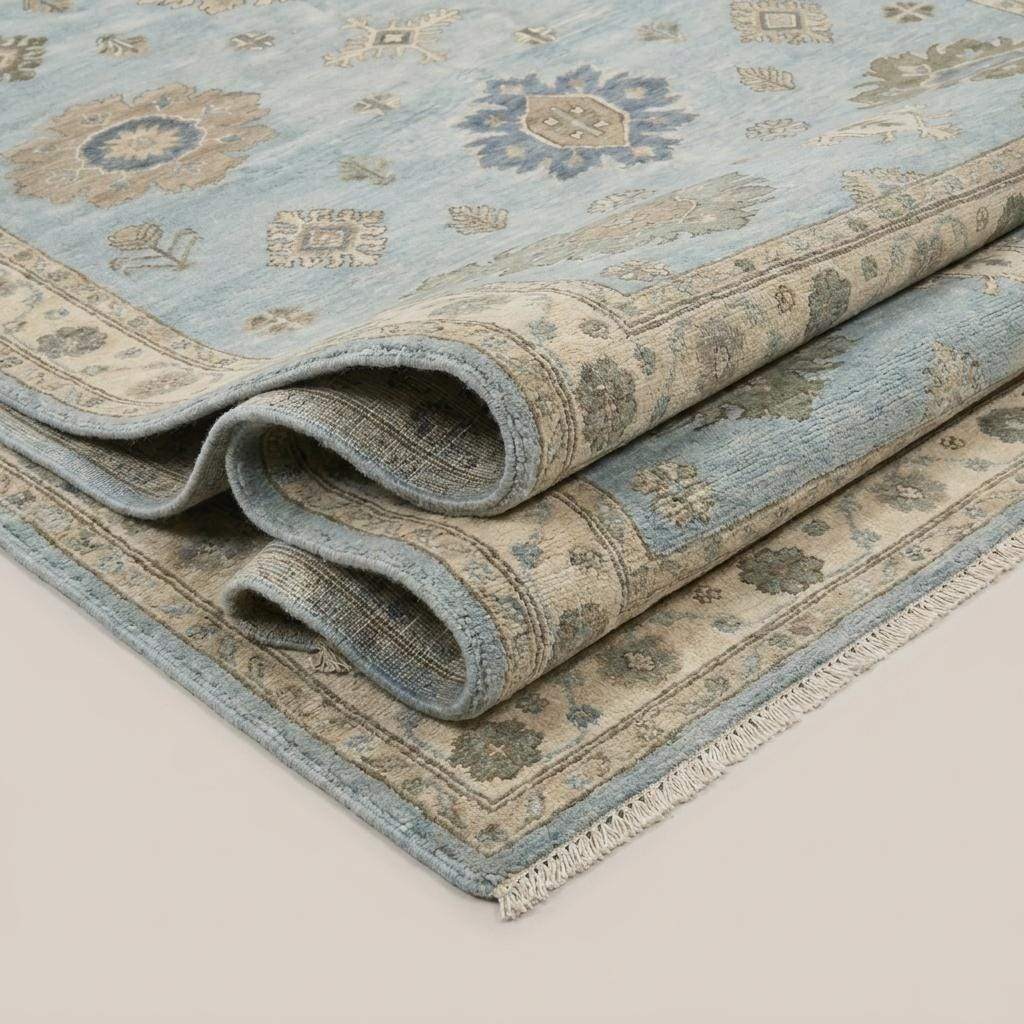 Hand Knotted Oushak Rug, Light Blue Floral Area Carpet, Turkish Style Wool Rug for Living Room Decor __etsy:8133071255