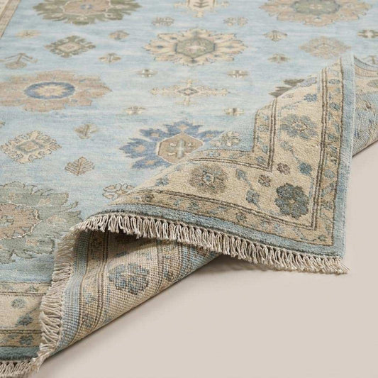 Close-up of hand knotted wool rug showing dense pile, premium wool fibers, traditional knotting, and detailed Oushak floral pattern __etsy:8133071211