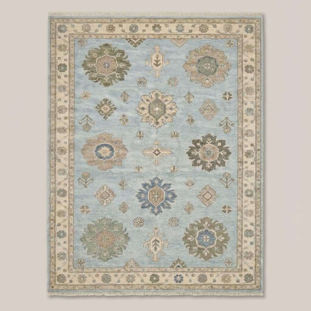 Traditional Turkish inspired Oushak area rug featuring soft blue field and floral medallions with decorative border __etsy:8085161034