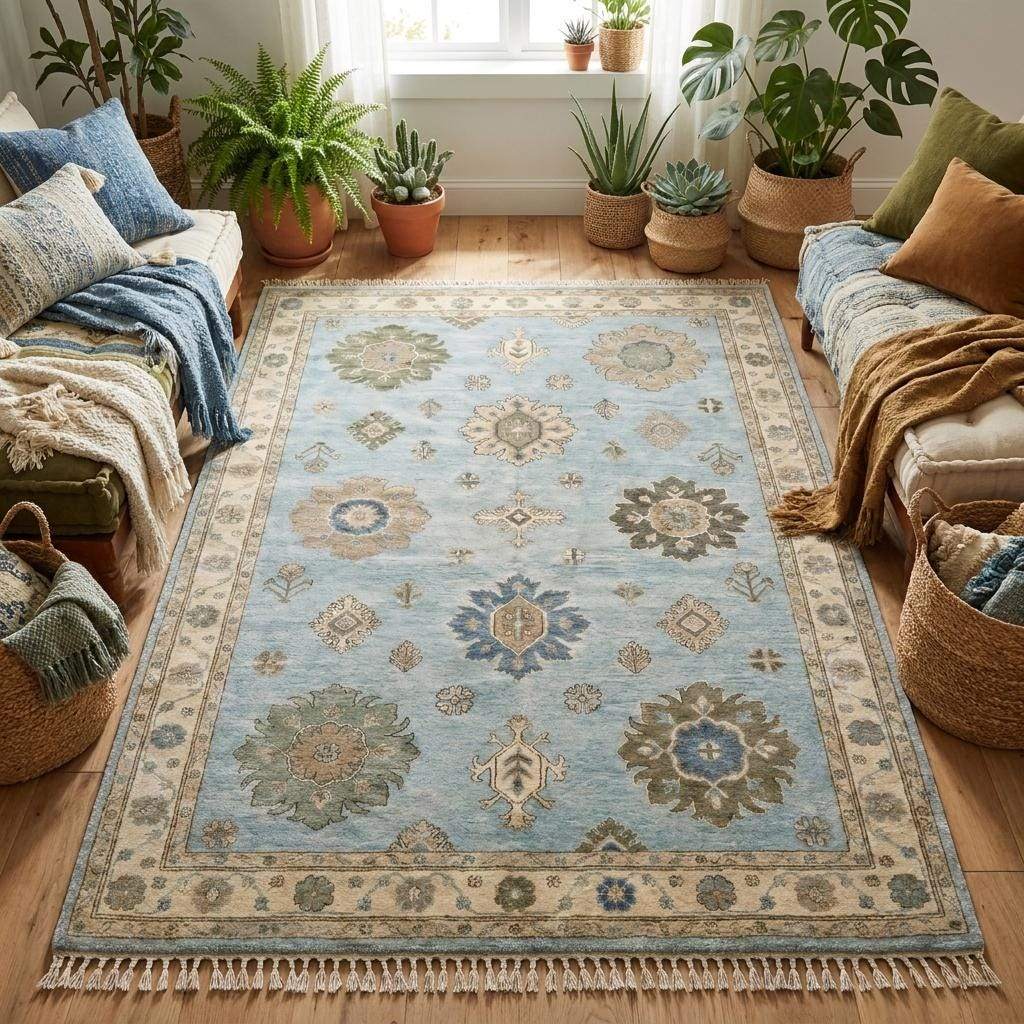 Light blue wool area rug with vintage inspired floral design placed beneath accent furniture in elegant home setting __etsy:8133071075