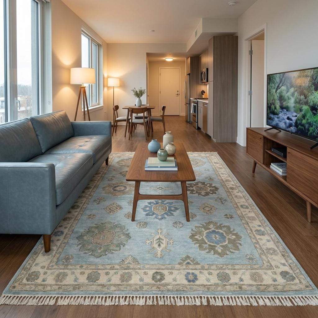 Artisan crafted hand knotted carpet with ivory border and muted sage floral motifs suitable for living room décor __etsy:8085161060