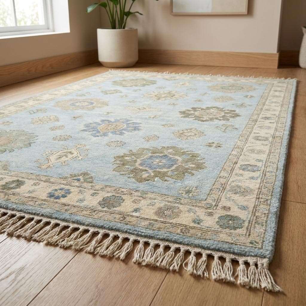 Hand Knotted Oushak Rug, Light Blue Floral Area Carpet, Turkish Style Wool Rug for Living Room Decor __etsy:8133071067