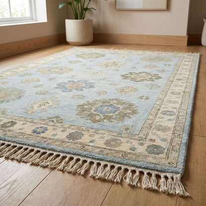Hand Knotted Oushak Rug, Light Blue Floral Area Carpet, Turkish Style Wool Rug for Living Room Decor __etsy:8133071067