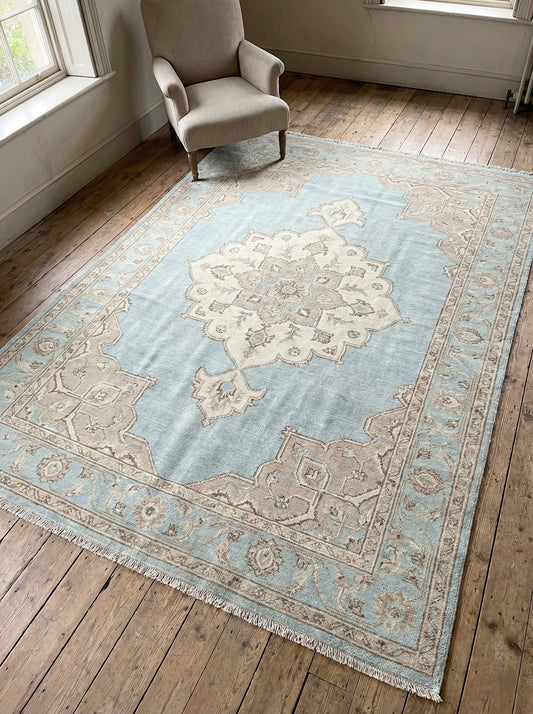 Hand knotted Oushak rug in muted blue and beige wool with vintage Turkish design for coastal farmhouse decor, 8x10