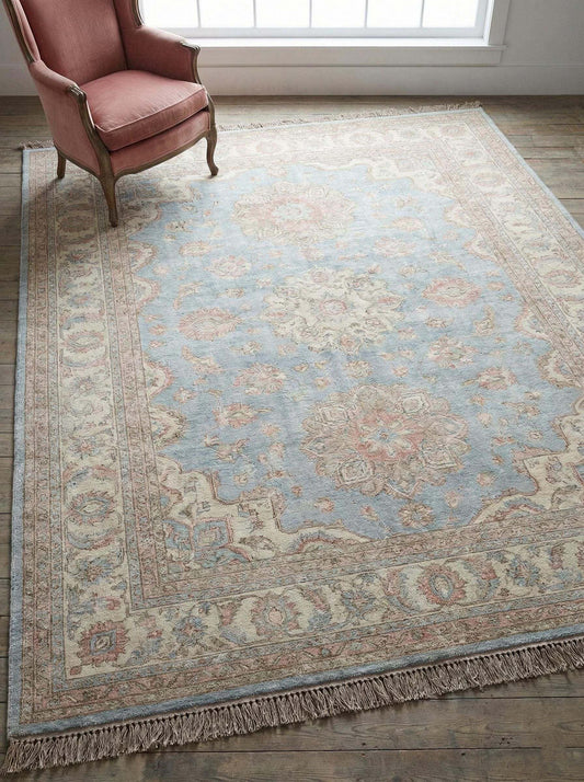 Hand Knotted Oushak Rug in muted blue and pink wool with vintage Turkish floral design