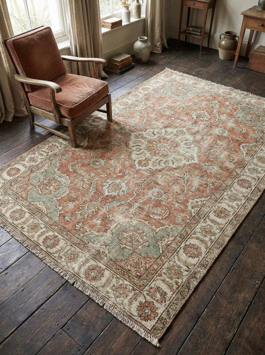 Full view of hand knotted Oushak rug featuring muted rust and sage green floral patterns on a vintage style wool surface.