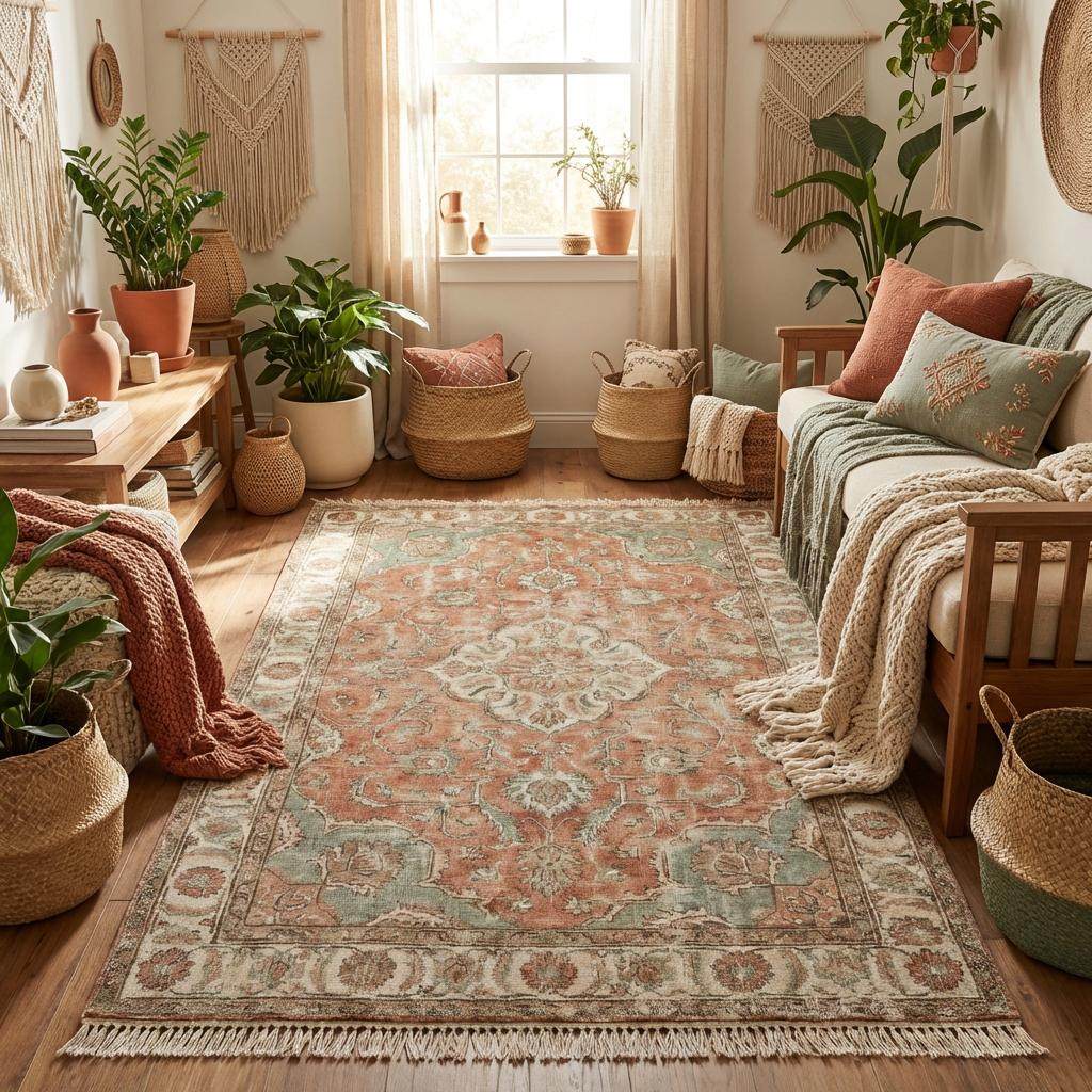 Hand Knotted Oushak Rug - Vintage Turkish Wool Carpet for Living