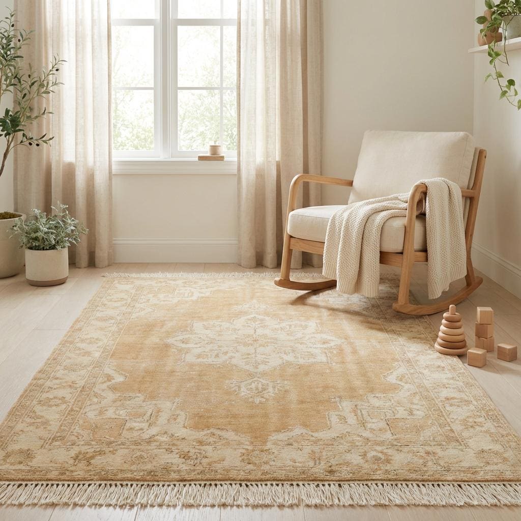 Hand knotted Oushak rug with neutral beige vintage medallion design and soft wool texture