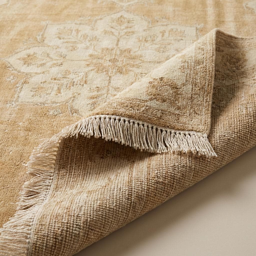 Hand knotted Oushak rug with neutral beige vintage medallion design and natural wool texture
