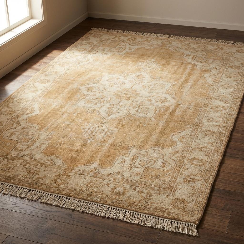 Hand knotted Oushak rug with neutral beige vintage medallion design, soft wool texture, and traditional fringe edges.