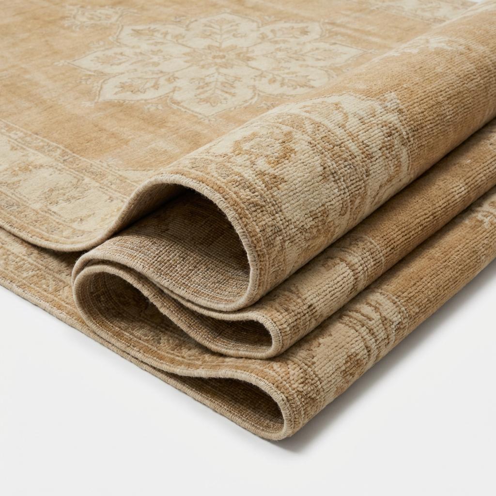 Hand knotted Oushak rug in neutral beige with vintage medallion design, soft wool texture, and traditional fringe edges