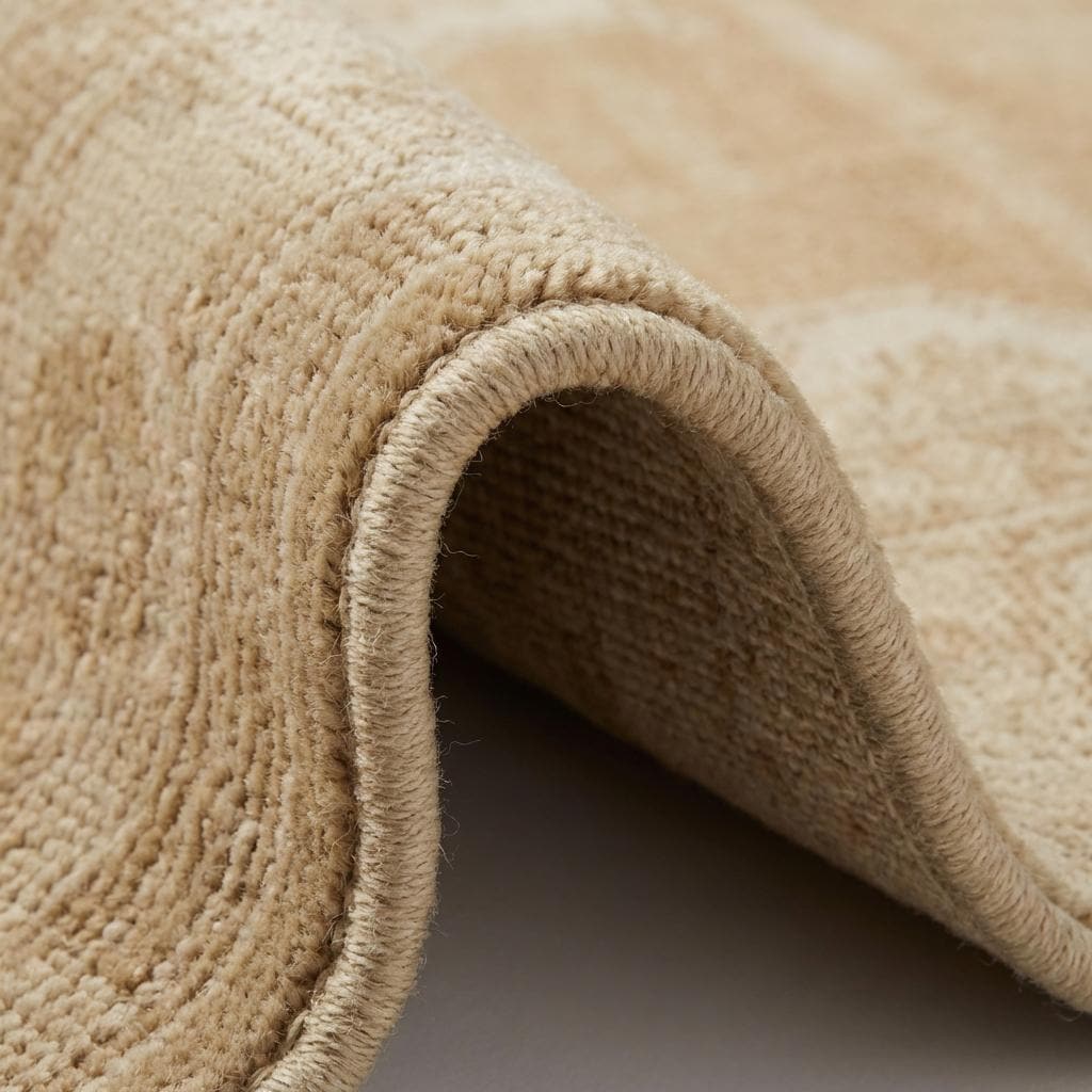 Hand knotted Oushak rug with neutral beige vintage medallion design on natural wool carpet